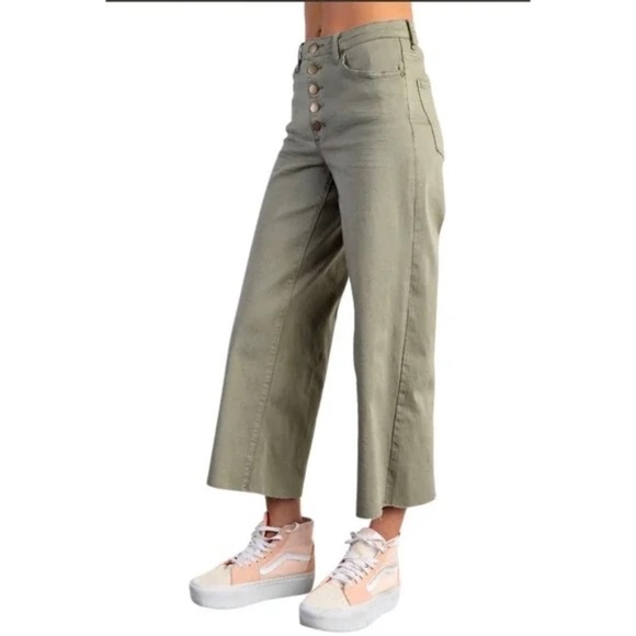 New Easel Button Fly Twill Wide Bottom Pants Small Green High Waisted Wide Leg - Picture 2 of 3